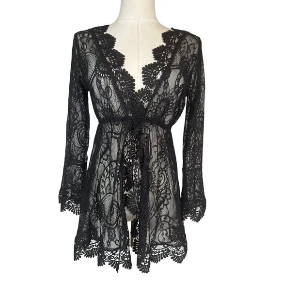 NEW Boho Gypsy Medium Beach Goddess Swim Cover Up Black - Picture 3 of 11